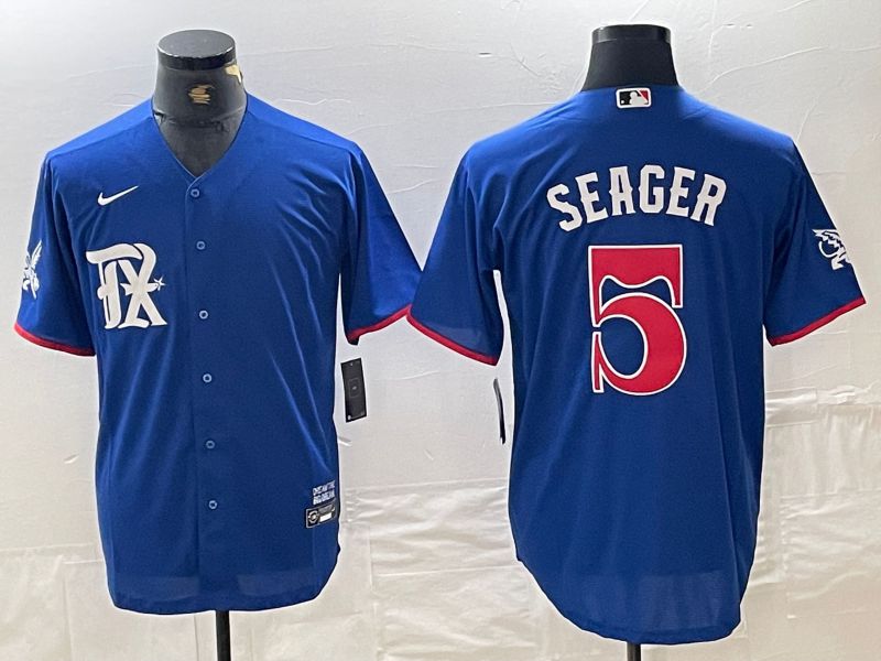 Men Texas Rangers 5 Seager Blue City Edition Game Nike 2024 MLB Jersey style 1